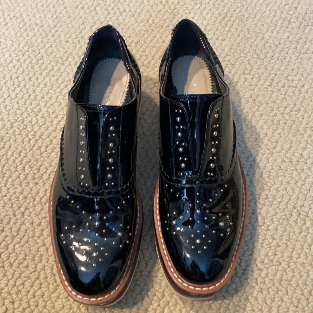 Zara platform shoes patent black with stripe sole